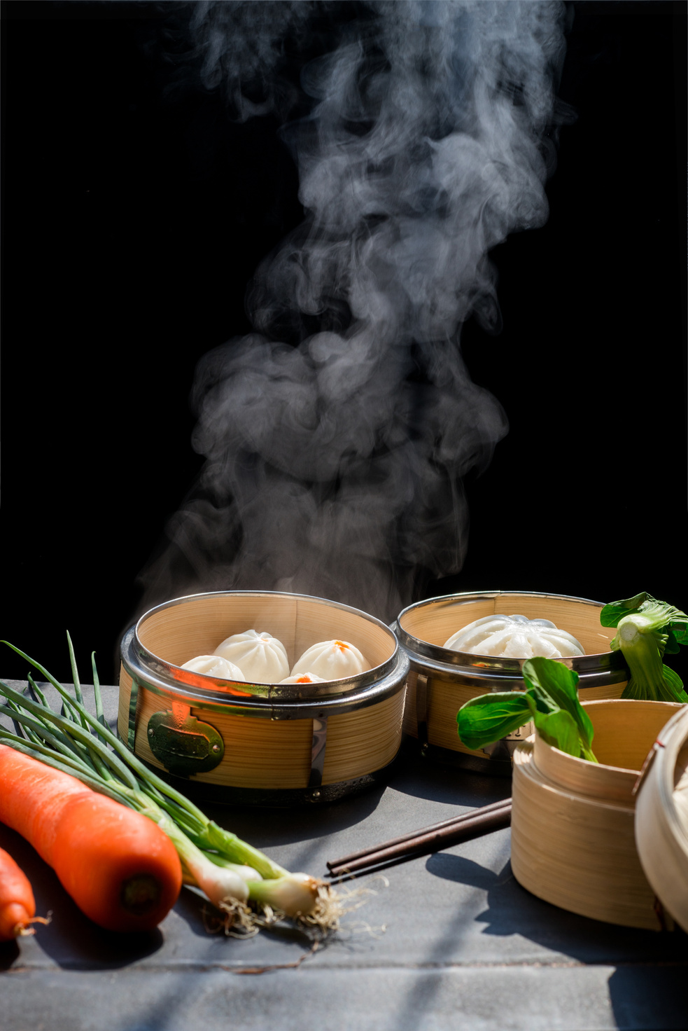 Steaming Dimsum on Wooden Baskets